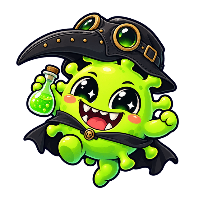 Spready in an oversized plague doctor mask holding a vial